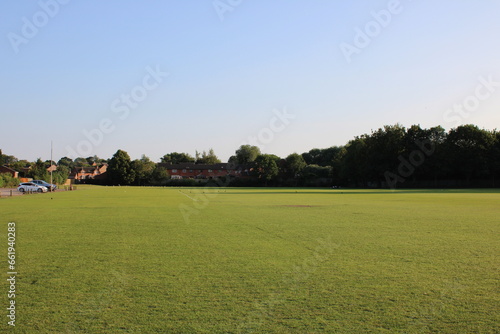 Outdoor public playing fields taken at sunset on a hot summers day