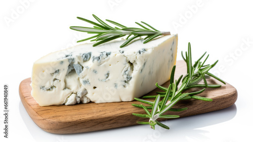 A slice of gorgonzola or dor blu cheese with a sprig of rosemary on a wooden board on a white background
