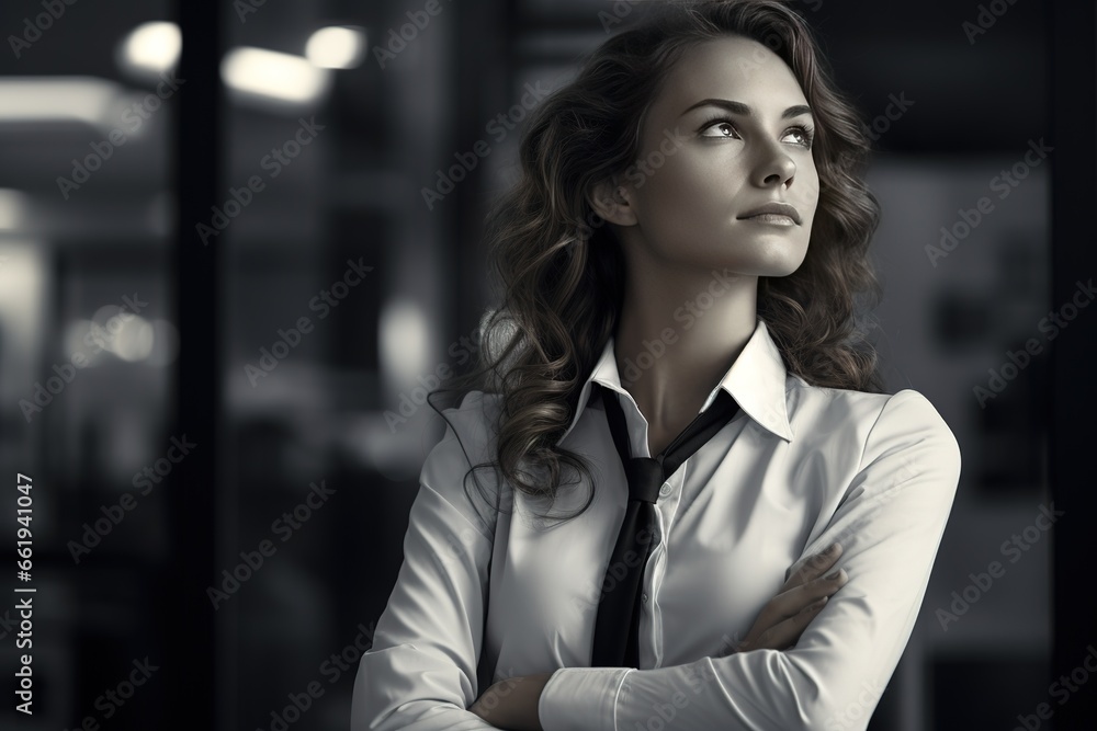 Young businesswoman in a stylish suit strikes a thoughtful pose with a duotone filter, creating a modern, chic appearance.