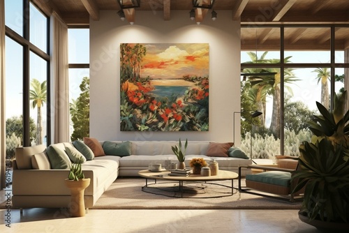 Ideal canvas artwork displayed in a cozy living area with eco-friendly furnishings and a spacious patio. Generative AI