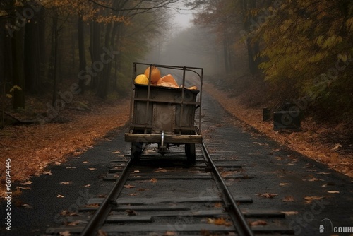 the rugged appeal of a cart on a train path. Generative AI