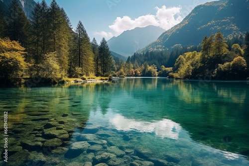 Scenic view of a lake with mountains reflecting in the clear water under a blue summer sky surrounded by a lush green forest in autumn. Generative AI © Rafaela