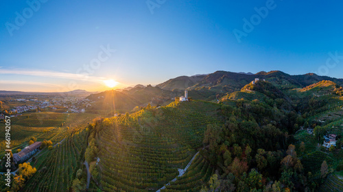 Aerial view of the hills in the Prosecco area of Valdobbiadene