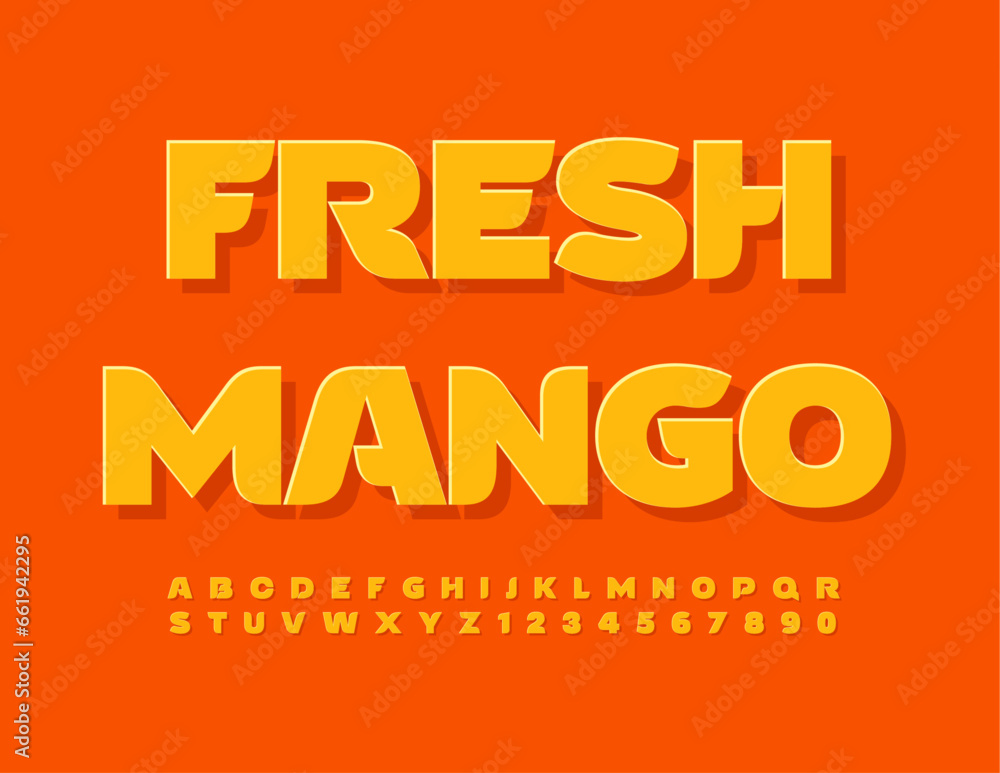 Vector creative sign Fresh Mango. Bright modern Font. Sticker style Alphabet Letters and Numbers set Vector creative sign Fresh Mango. Bright modern Font. Sticker style Alphabet Letters and Numbers set