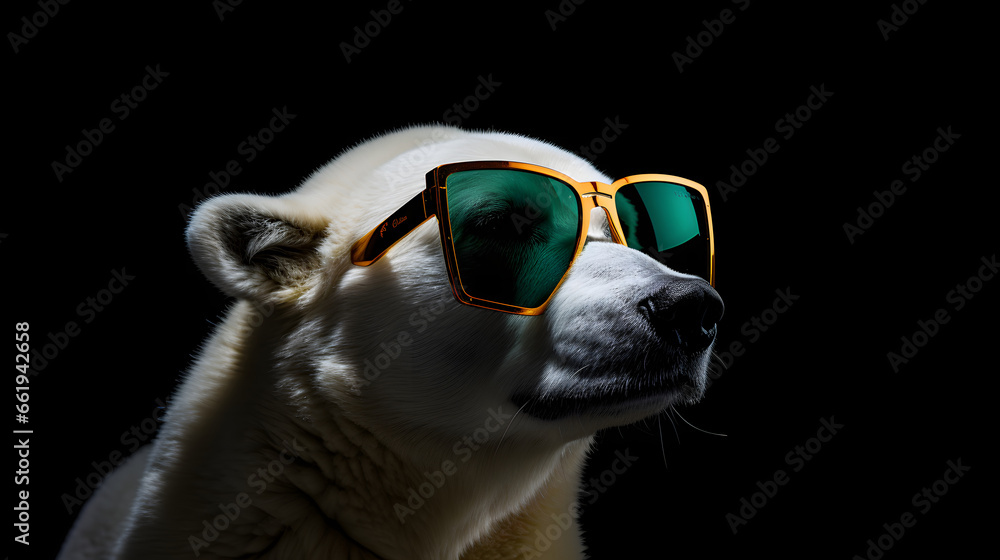 Cool polar bear with sunglasses against black background 
