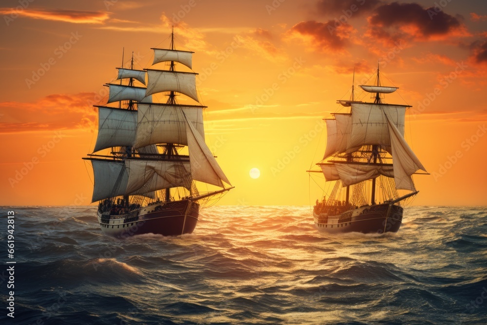 Two Ships at Sunset on the Ocean