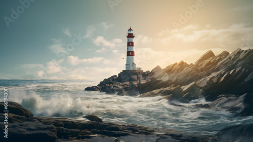 Guide, inspiring innovation and leadership concept with lighthouse on rocky shore 