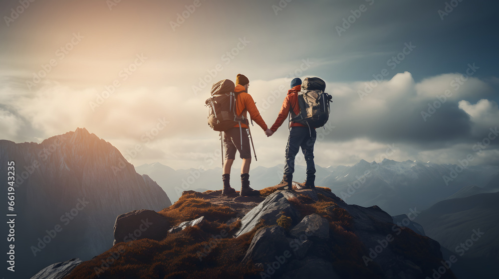 Summit Success: Hiker Assisting Friend to Reach the Mountain Top