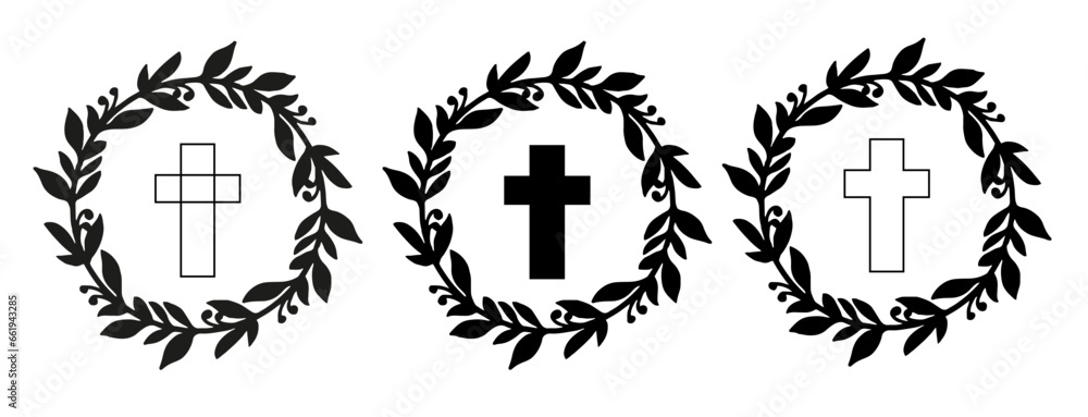 Religious cross with leaves frame. Church logo. Linear Christian Cross and Floral Decor, Vector Christian symbols. Floral wreath and the cross. Easter wreath vector illustration. Religious cross with leaves frame. Church logo. Linear Christian Cross and Floral Decor, Vector Christian symbols. Floral wreath and the cross. Easter wreath vector illustration.