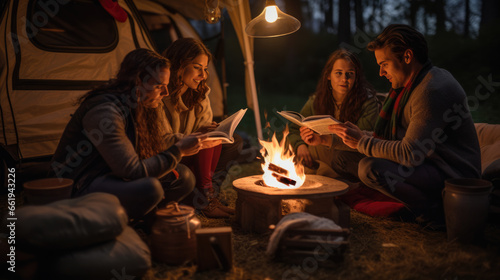 Group of friends read a book while camping in a tent in the countryside