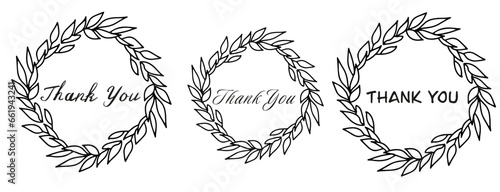 Floral wreath, linear vector illustration, Thank you lettering with doodle floral frame, boho line art silhouette of floral wreaths, minimalist botanical elements. Frame, wreath, monogram 