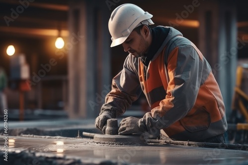 Man in Hard Hat and Orange Vest Working on Cement