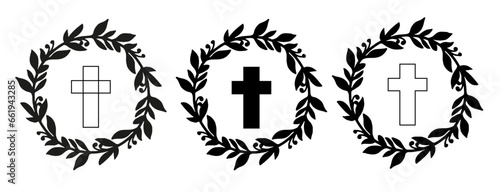 Religious cross with leaves frame. Church logo. Linear Christian Cross and Floral Decor, Vector Christian symbols. Floral wreath and the cross. Easter wreath vector illustration. 