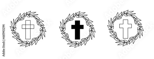 Religious cross with leaves frame. Church logo. Linear Christian Cross and Floral Decor, Vector Christian symbols. Floral wreath and the cross. Easter wreath vector illustration. 