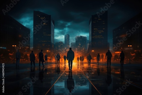 Group walking through city at night