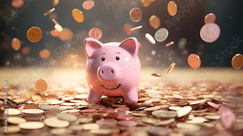 Financial Success: Piggy Bank Surrounded by Golden Coins