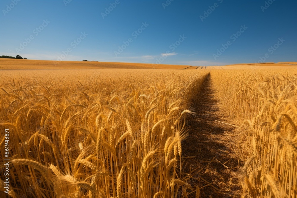 An image showing vast stretches of golden wheat fields underneath a clear blue sky. Generative AI