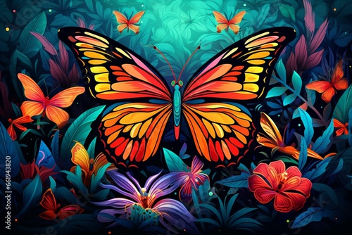 Artistic  butterfly  flower  leaves. Imaginative  vibrant  cartoonish  scenic  decorative  storytelling  wallpaper  card design. Generative AI