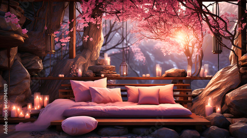 A pink bedroom with pink pillows for sleep and candles