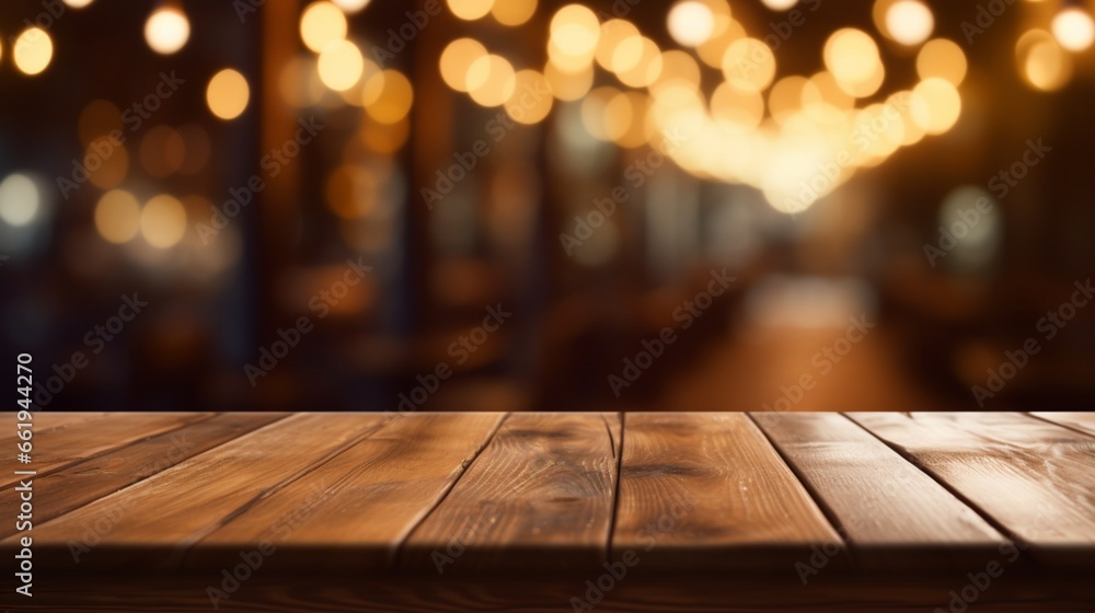 A picture of a wooden table with a blurry, abstract background of restaurant lights