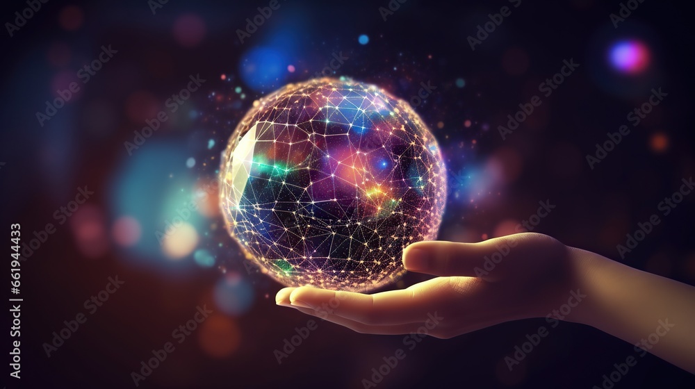 Woman holding circle global network connection. Big data analytics and business network communication and technology concept. - obrazy, fototapety, plakaty 