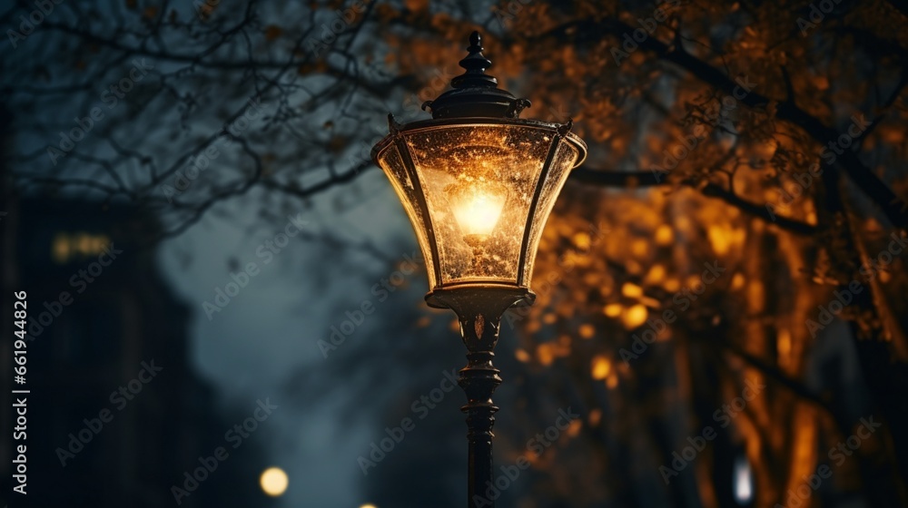 At night, an antique street lamp. streetlights that are brightly lighted at dusk. lamps for decoration. In the dusk of the city, a magic lamp with a warm yellow glow.