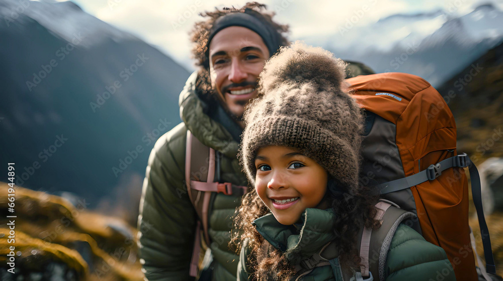 
African American father trekking with his daughter in Bariloche, Argentine Patagonia, touring South America, nomadic life, travelers in Latin America