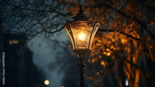At night, an antique street lamp. streetlights that are brightly lighted at dusk. lamps for decoration. In the dusk of the city, a magic lamp with a warm yellow glow. photo