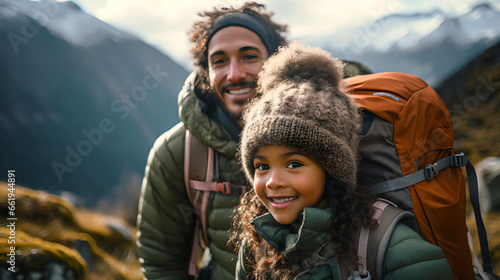  African American father trekking with his daughter in Bariloche, Argentine Patagonia, touring South America, nomadic life, travelers in Latin America