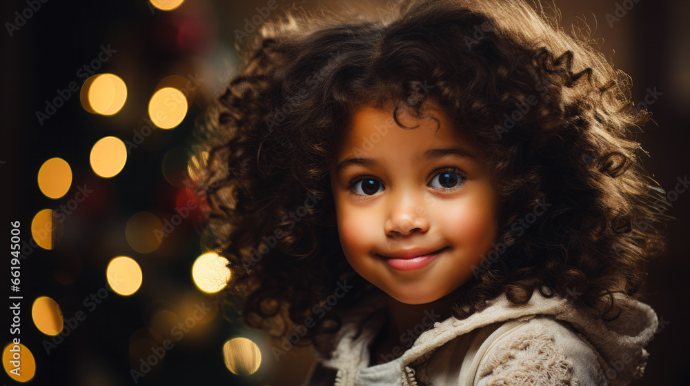 Curly happy little girl in a jacket next to the Christmas tree. Close-up. Curly happy little girl in a jacket next to the Christmas tree. Close-up.