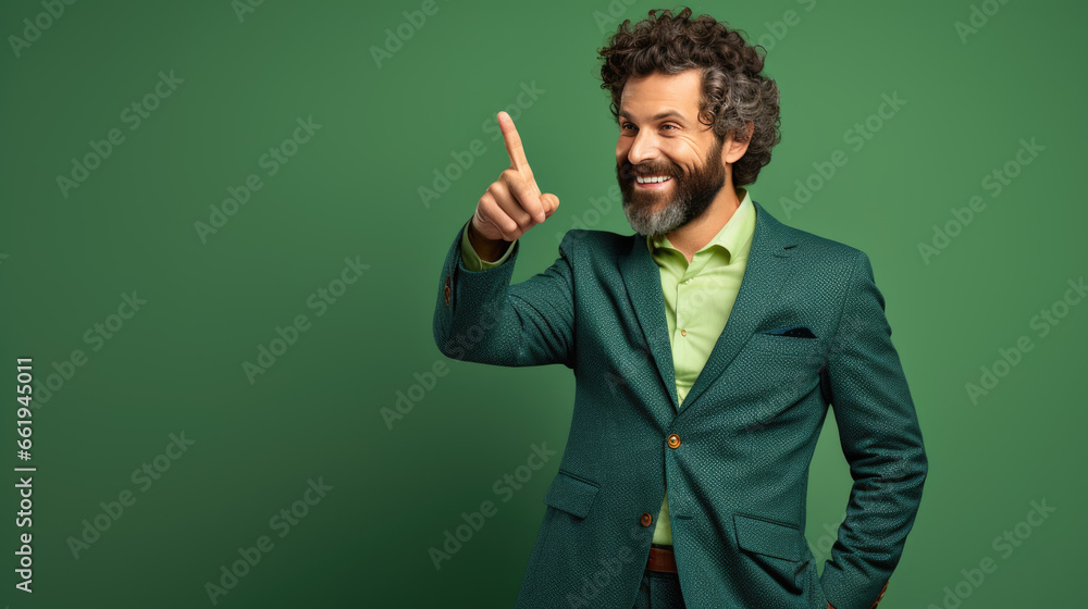 Middle aged man wearing suit pointing with hand and finger to the side looking at the camera. Middle aged man wearing suit pointing with hand and finger to the side looking at the camera.