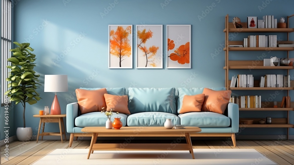 interior modern bright room with blue sofa and peach fuzz pillows. color of 2024 - obrazy, fototapety, plakaty 
