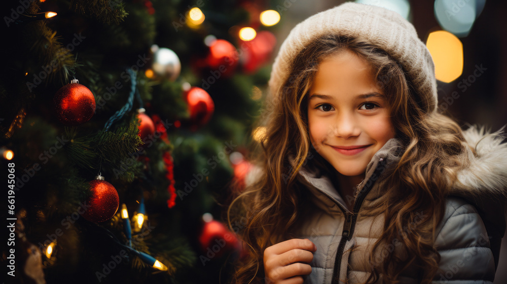 Excited cute little girl happily waiting by the Christmas tree for Santa to bring her a present. Excited cute little girl happily waiting by the Christmas tree for Santa to bring her a present.