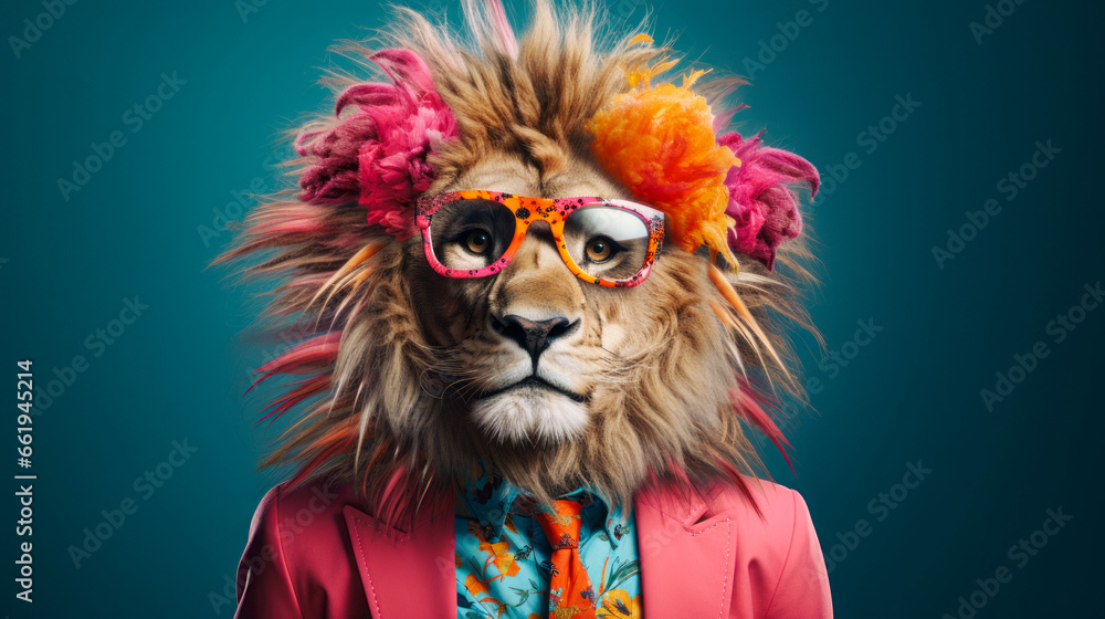 The king of animals in a red suit with glasses. Lion standing and posing, abstract wild animal portrait on blue background.