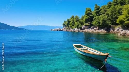 A peaceful fishing boat on calm turquoise waters, surrounded by clear blue skies and lush greenery. A serene and idyllic scene for a relaxing fishing trip