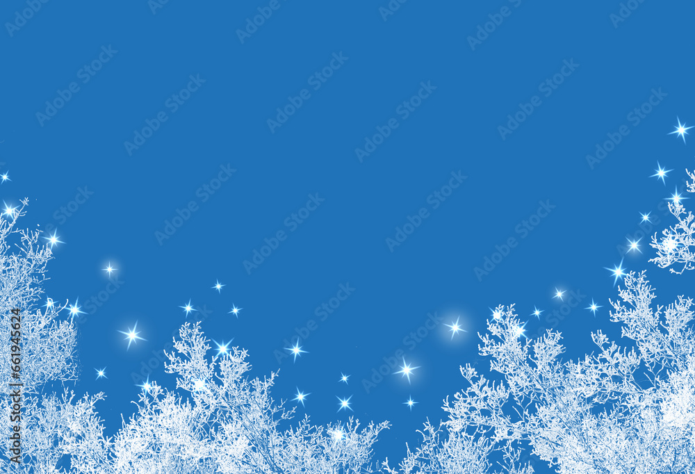 Rime frost at bottom with sparkling stars on blue background. Fabulous landscape. Winter, holiday. Copy space - obrazy, fototapety, plakaty 