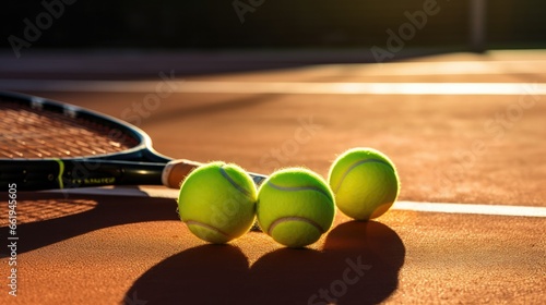 Tennis game on clay court with racket, balls, and long shadows. Late afternoon sunlight adds a sporty touch to the outdoor competition.