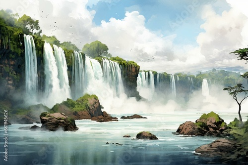 Illustration of Iguazu Falls, a famous travel destination. Generative AI