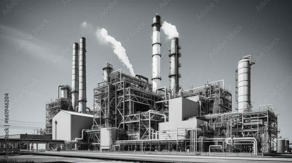 Vast industrial power plant with gray metallic structures, smokestacks, and chimneys. Daytime sunlight casts shadows and highlights on the imposing industrial complex