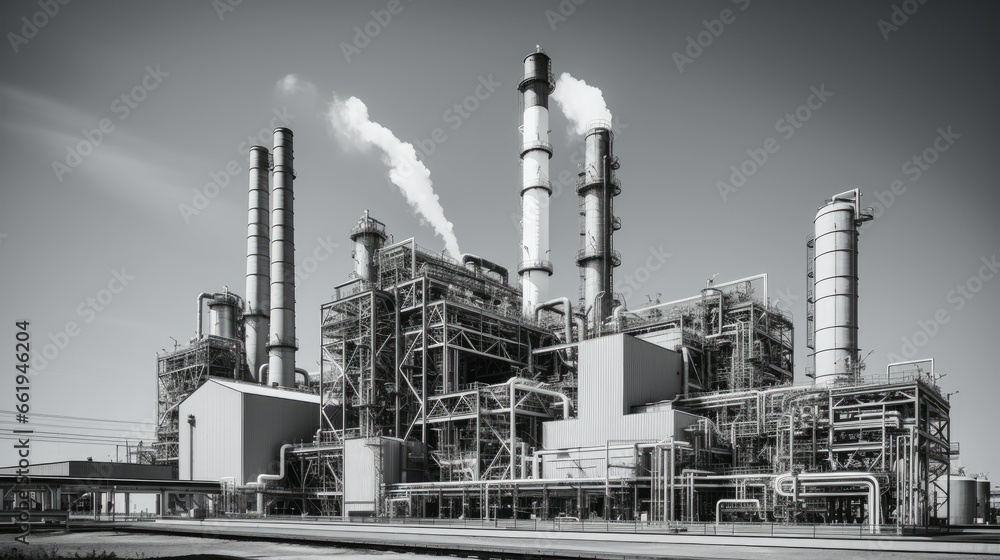 Vast industrial power plant with gray metallic structures, smokestacks, and chimneys. Daytime sunlight casts shadows and highlights on the imposing industrial complex Vast industrial power plant with gray metallic structures, smokestacks, and chimneys. Daytime sunlight casts shadows and highlights on the imposing industrial complex