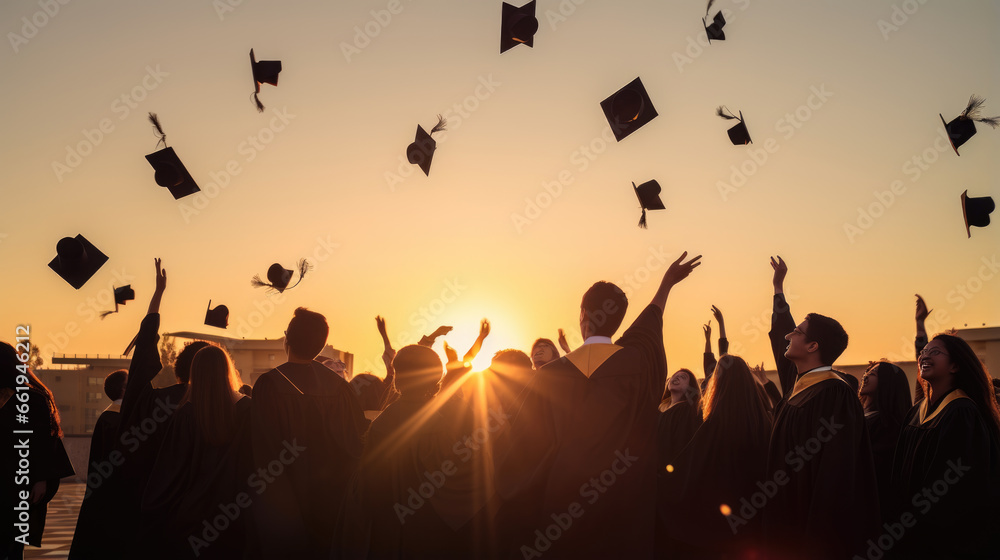 Fototapeta premium College graduated students throwing their caps up in celebration of graduation