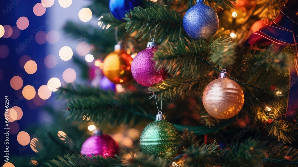 A close-up shot of a fully decorated Christmas tree with colorful ornaments and twinkling lights. The vibrant lighting captures the festive and joyful atmosphere of the holiday season. Taken with a S
