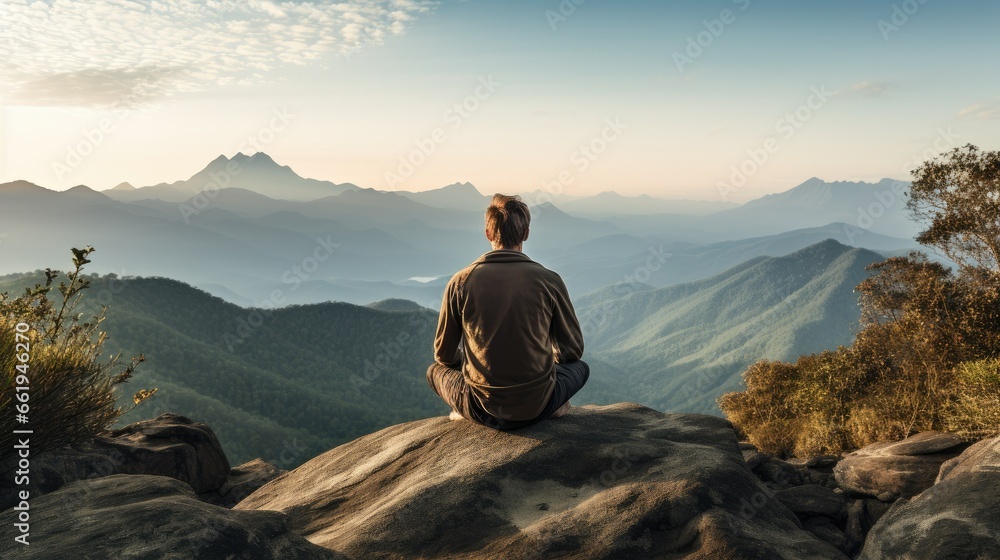 A person sits on a rocky cliff, gazing at a distant mountain range. The serene landscape inspires contemplation and reflection. A peaceful and majestic view that evokes tranquility and wanderlust. - obrazy, fototapety, plakaty 