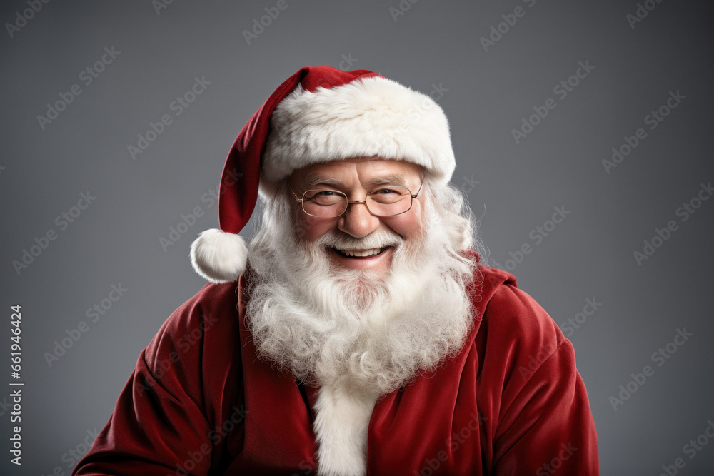 Fototapeta premium Portrait of a smiling Santa Claus on a gray background