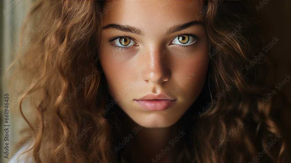 Close-up portrait of a young woman with a serene expression, exuding beauty and peacefulness. Her calm and tranquil look radiates contentment and relaxation, creating a serene and peaceful atmosphere Close-up portrait of a young woman with a serene expression, exuding beauty and peacefulness. Her calm and tranquil look radiates contentment and relaxation, creating a serene and peaceful atmosphere