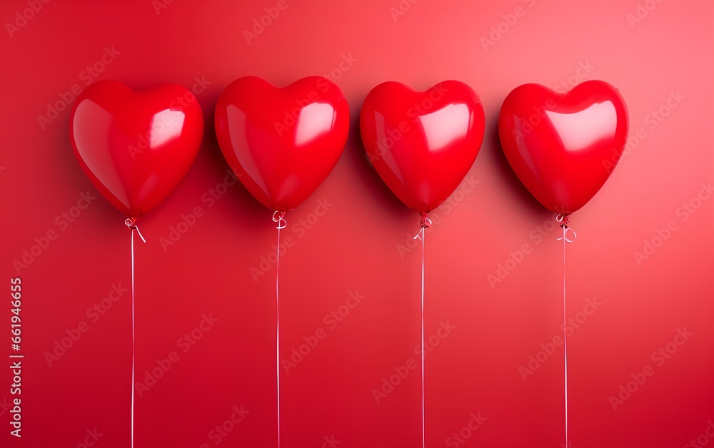 Balloons in the form of hearts on a red background, for Valentine's Day.
