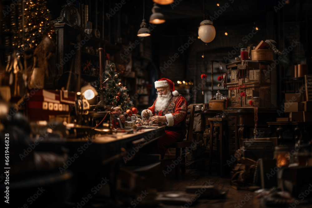 Santa Claus in workshop makes toys for children for Christmas
