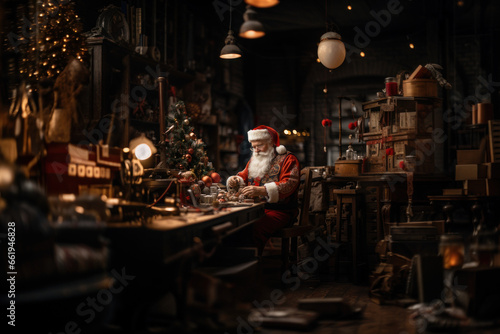 Santa Claus in workshop makes toys for children for Christmas © sofiko14
