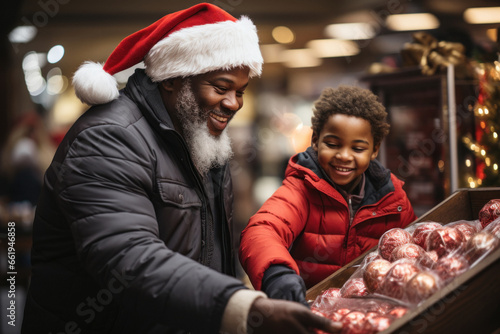 African Santa Claus helps child choose gifts in shopping mall