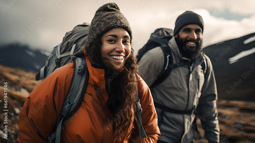 young African American couple trekking in Bariloche, Argentine Patagonia, touring South America, nomadic life, travelers in Latin America young African American couple trekking in Bariloche, Argentine Patagonia, touring South America, nomadic life, travelers in Latin America